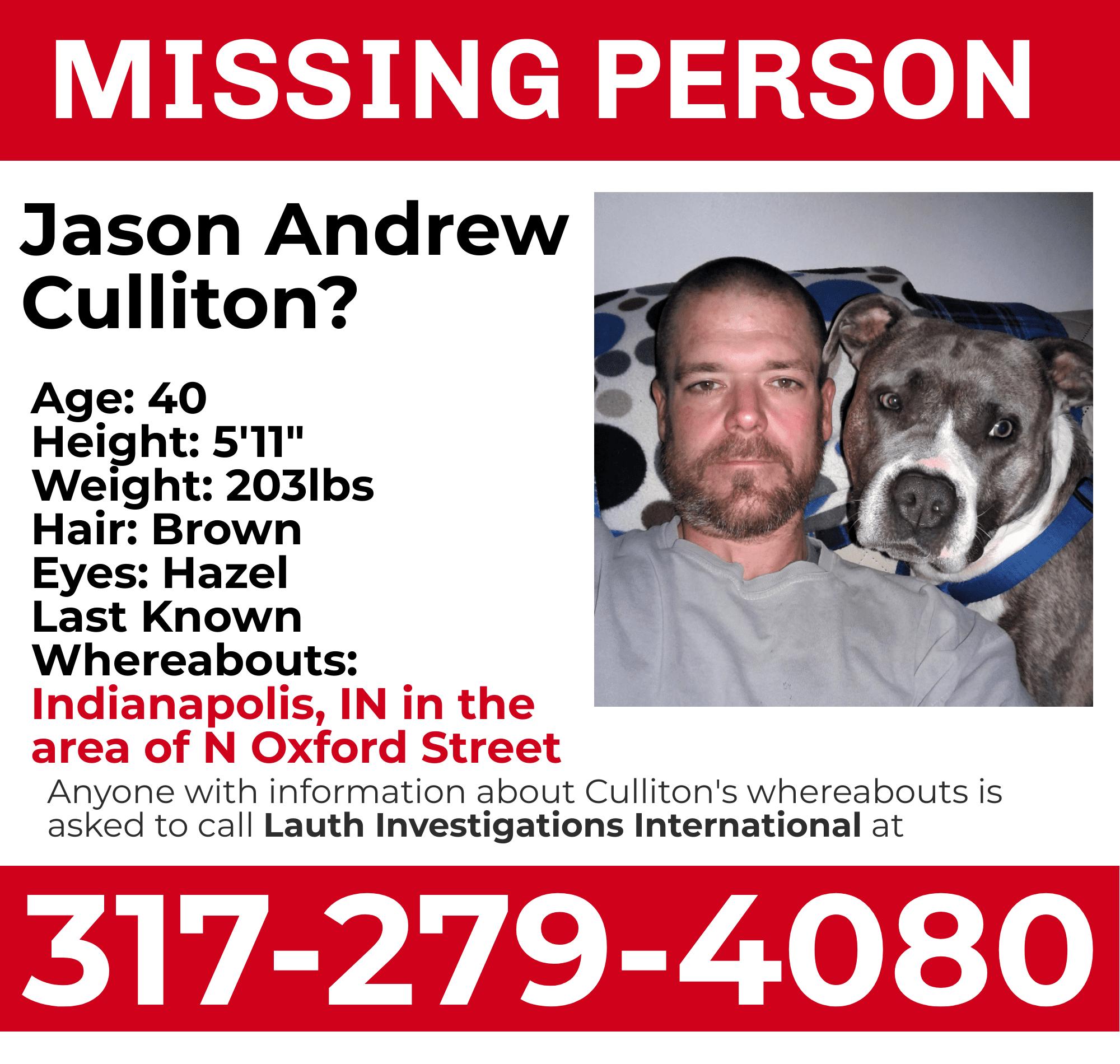 Jason Culliton Still Missing from Indianapolis, PI Joins Search